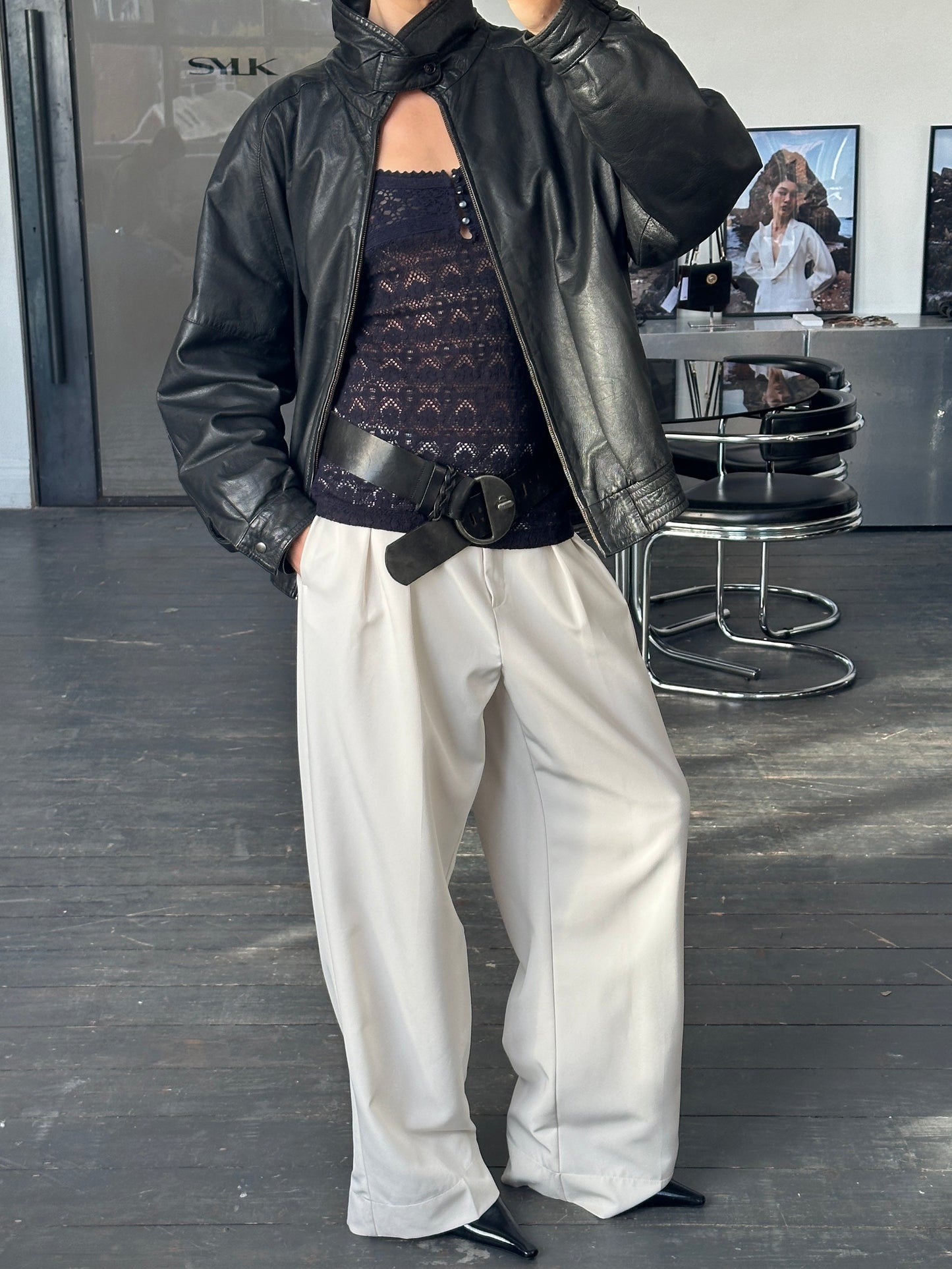 Vintage 1980s High Neck Leather Bomber Jacket - L