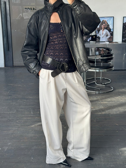 Vintage 1980s High Neck Leather Bomber Jacket - L