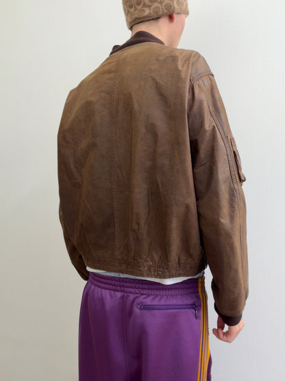 Emporio Armani 90s Oiled Leather Bomber Jacket | Large, Red
