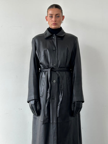 Vintage Floor Length Belted Leather Trench Coat - XL