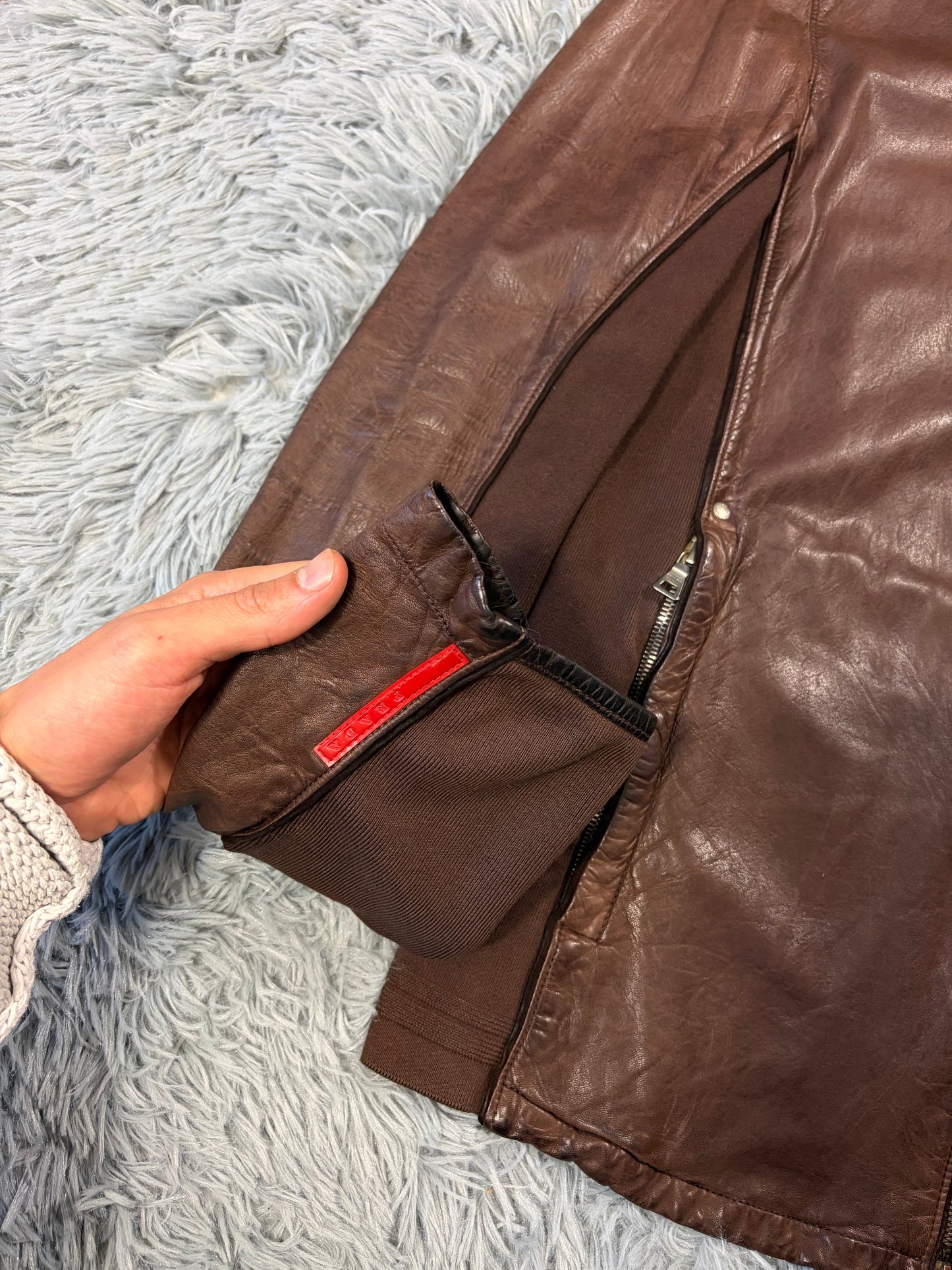 Prada Sport 2004 Brown Leather + Cotton Panelled Biker Jacket - L | O/S, Brown