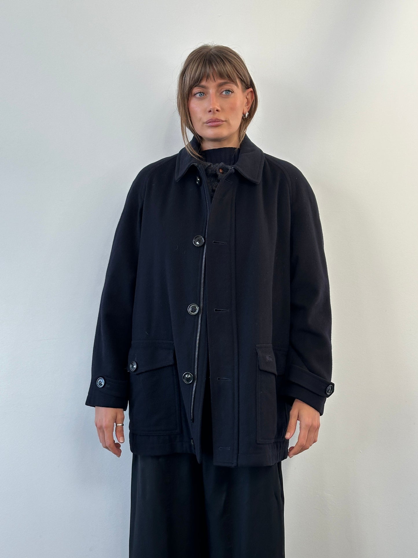 Burberry London 1990s Wool Single Breasted Logo Coat - L/XL