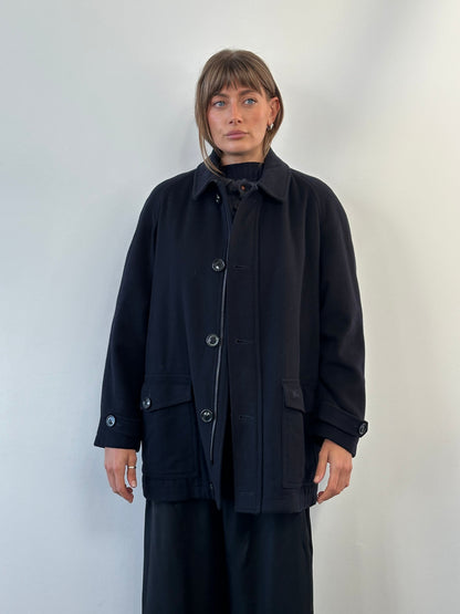 Burberry London 1990s Wool Single Breasted Logo Coat - L/XL