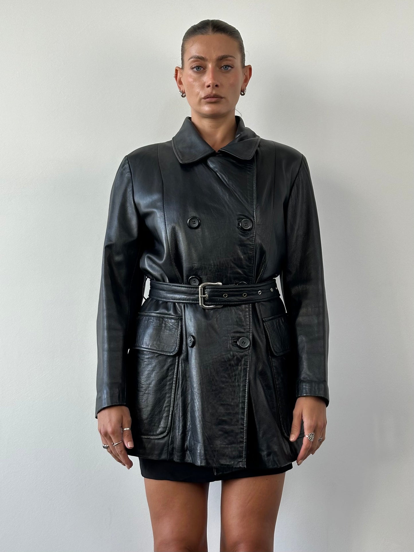 Vintage Double Breasted Belted Smooth Leather Jacket - L/XL