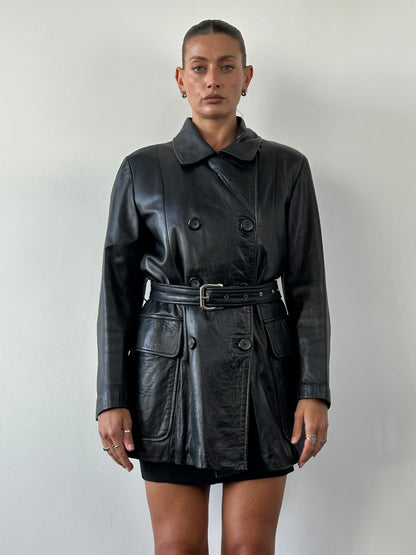 Vintage Double Breasted Belted Smooth Leather Jacket - L/XL