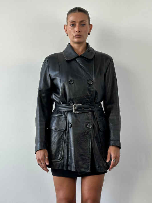 Vintage Double Breasted Belted Smooth Leather Jacket - L/XL