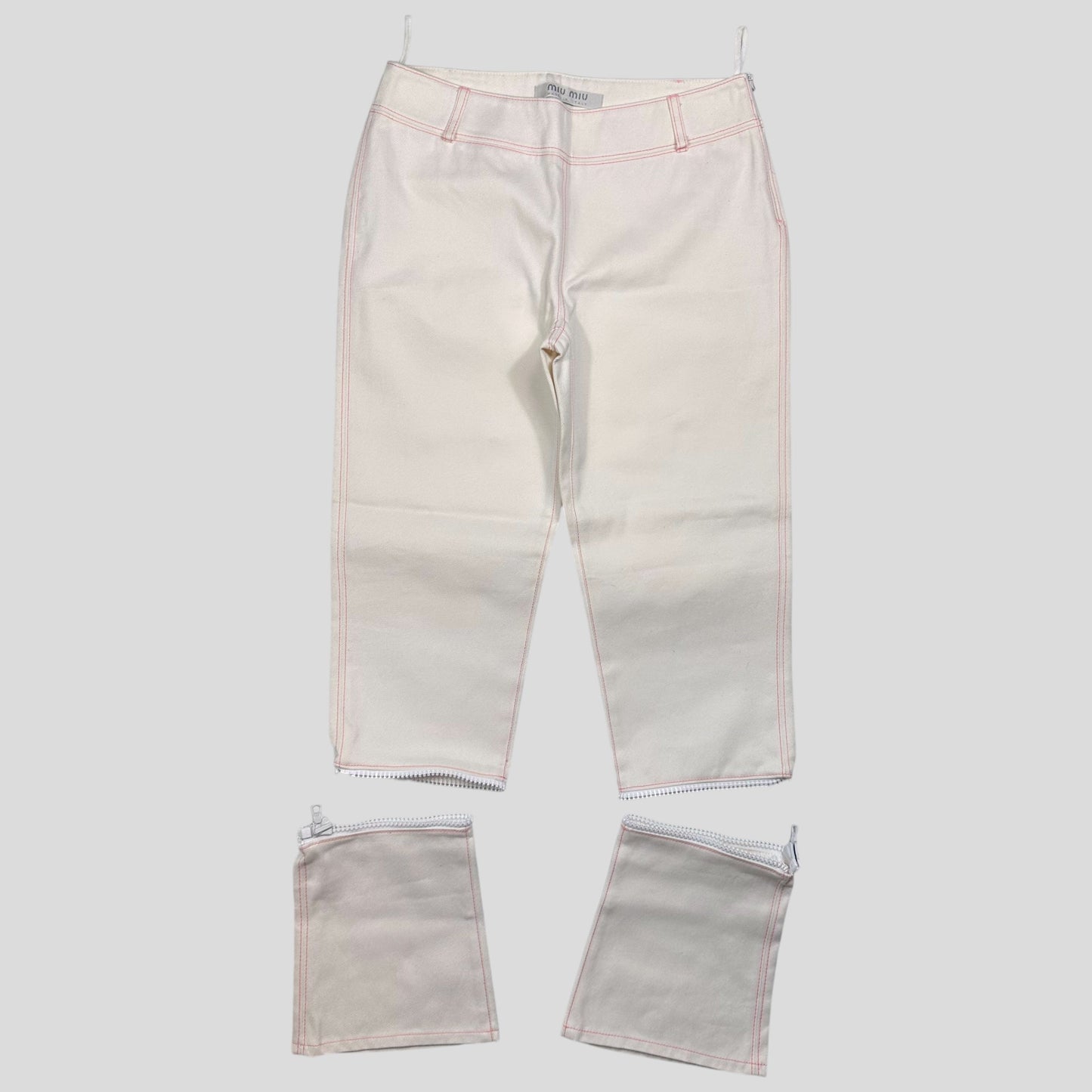 Miu Miu SS00 White and Pink Contrast Stitch Zip-off Bell Trousers - IT42 | Default Title, Pink