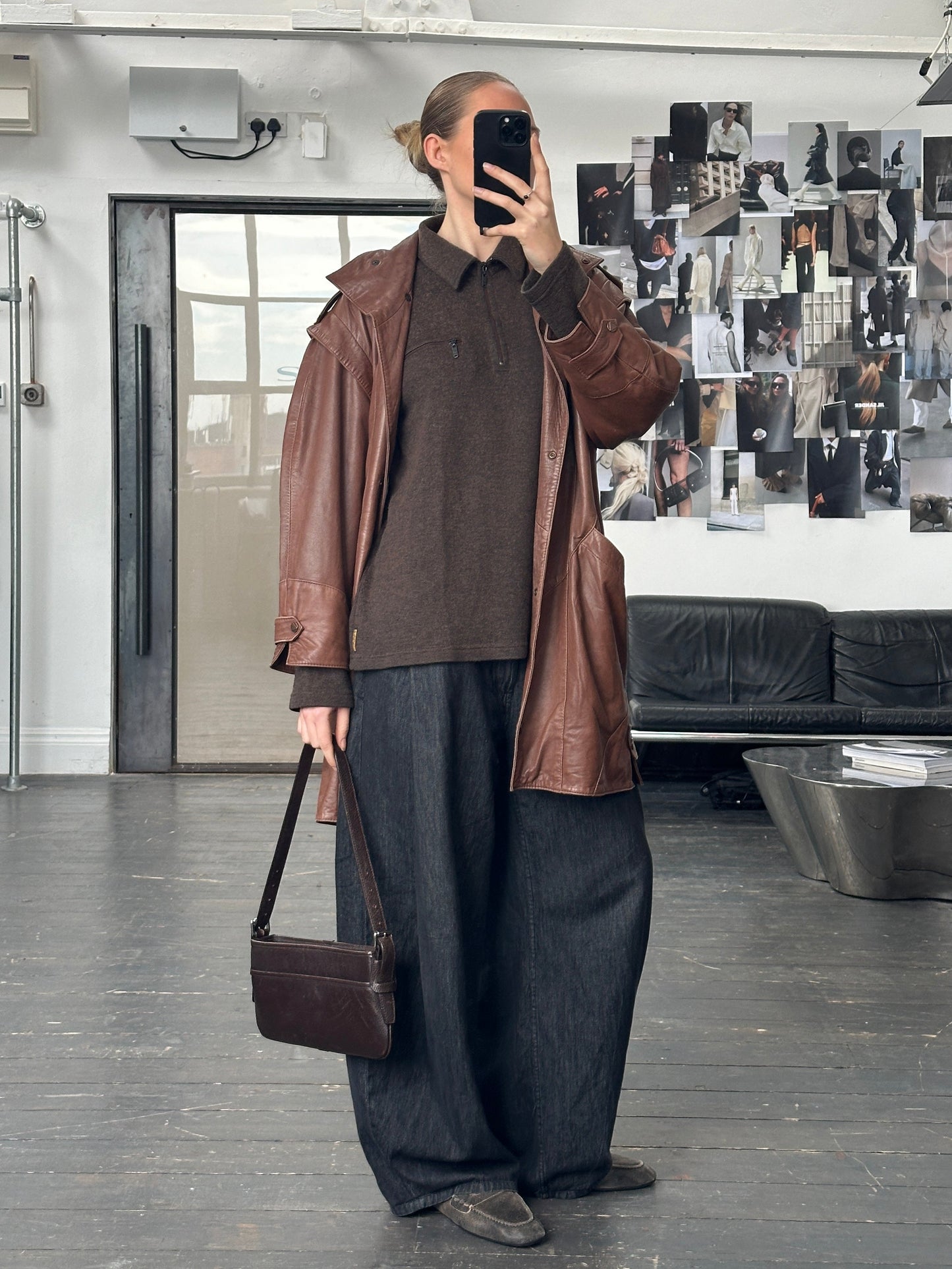 Vintage 1990s Leather High Neck Trench Coat - L