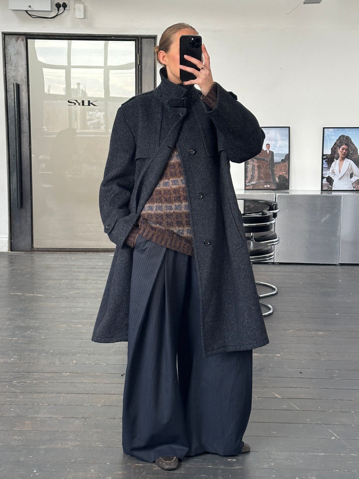 Vintage 1990s Pure Brushed Wool High Neck Belted Coat - XL