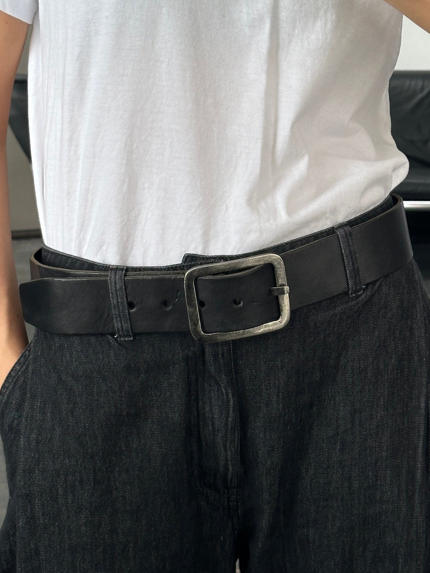 Vintage 1990s Chrome Rectangle Buckle Leather Belt - W35-39