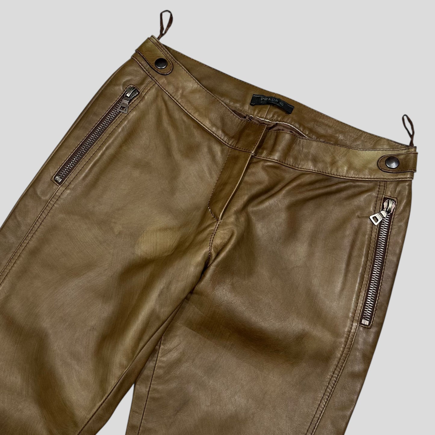 Prada Milano 00’s Khaki Brown Leather Moto Trousers - IT40 | Default Title, Multicoloured