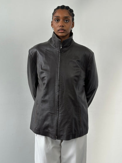 Vintage 1990s High Neck Contrast Leather Jacket - XL