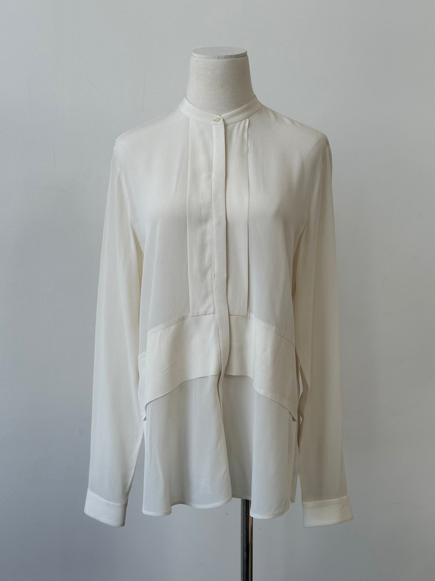 Hugo Boss Pure Silk Minimal Collarless Shirt in size M, shown in white with sleek, smooth silk fabric and a minimal collarless design.