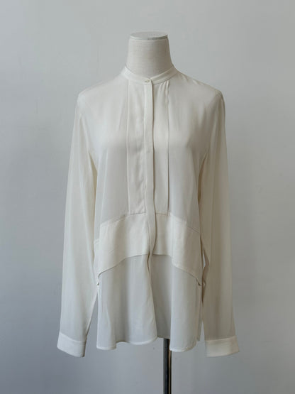 Hugo Boss Pure Silk Minimal Collarless Shirt in size M, shown in white with sleek, smooth silk fabric and a minimal collarless design.