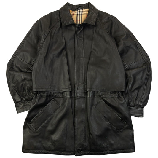 Vintage 90s Burberry Nova Check Lined Leather Jacket Size XL | XL, Black