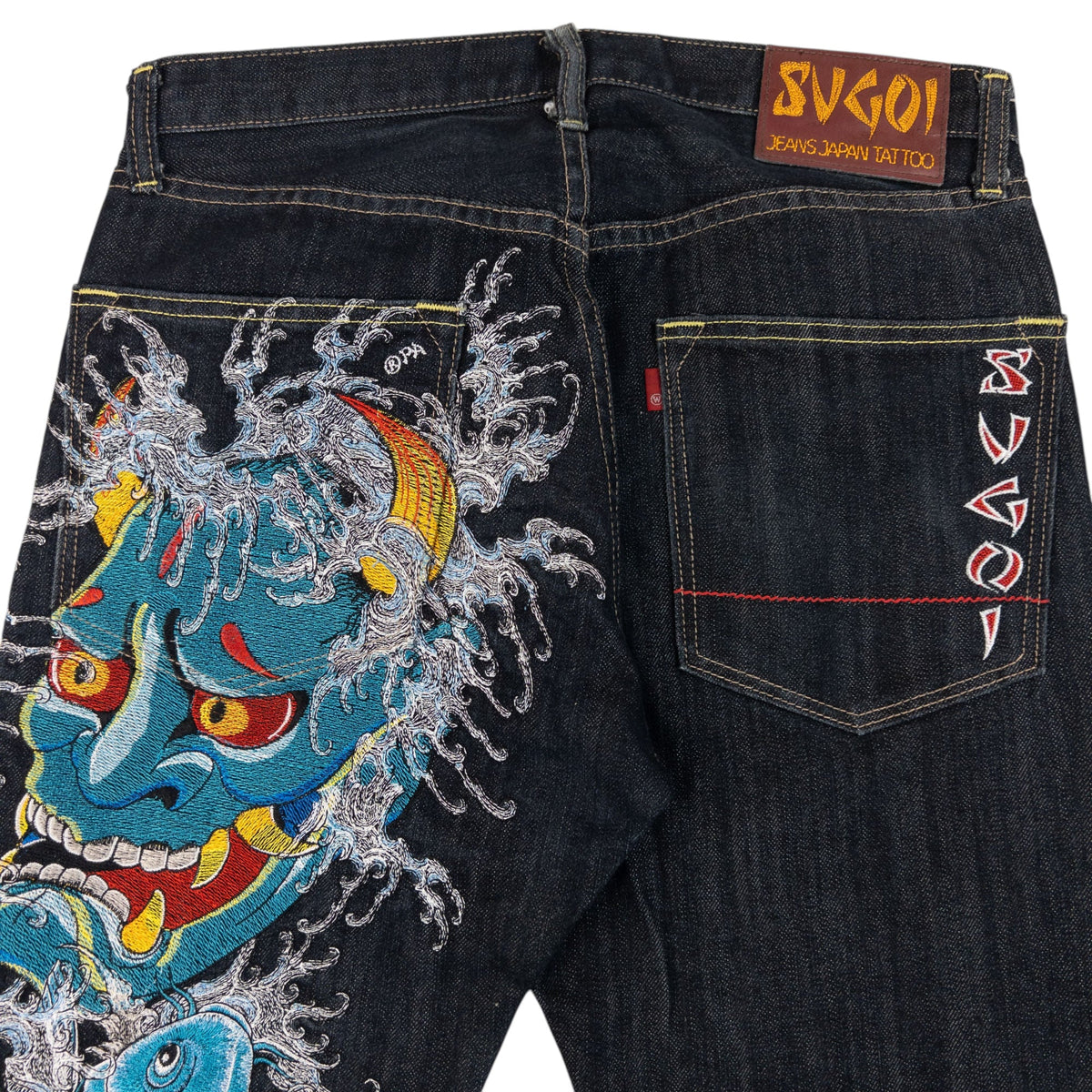 Vintage 2000s Sugoi Embroidered Mask & Koi Fish Japanese Denim Jeans Size W31 | W31, Navy