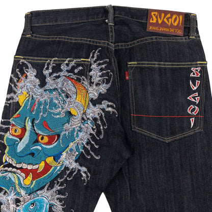 Vintage 2000s Sugoi Embroidered Mask & Koi Fish Japanese Denim Jeans Size W31 | W31, Navy