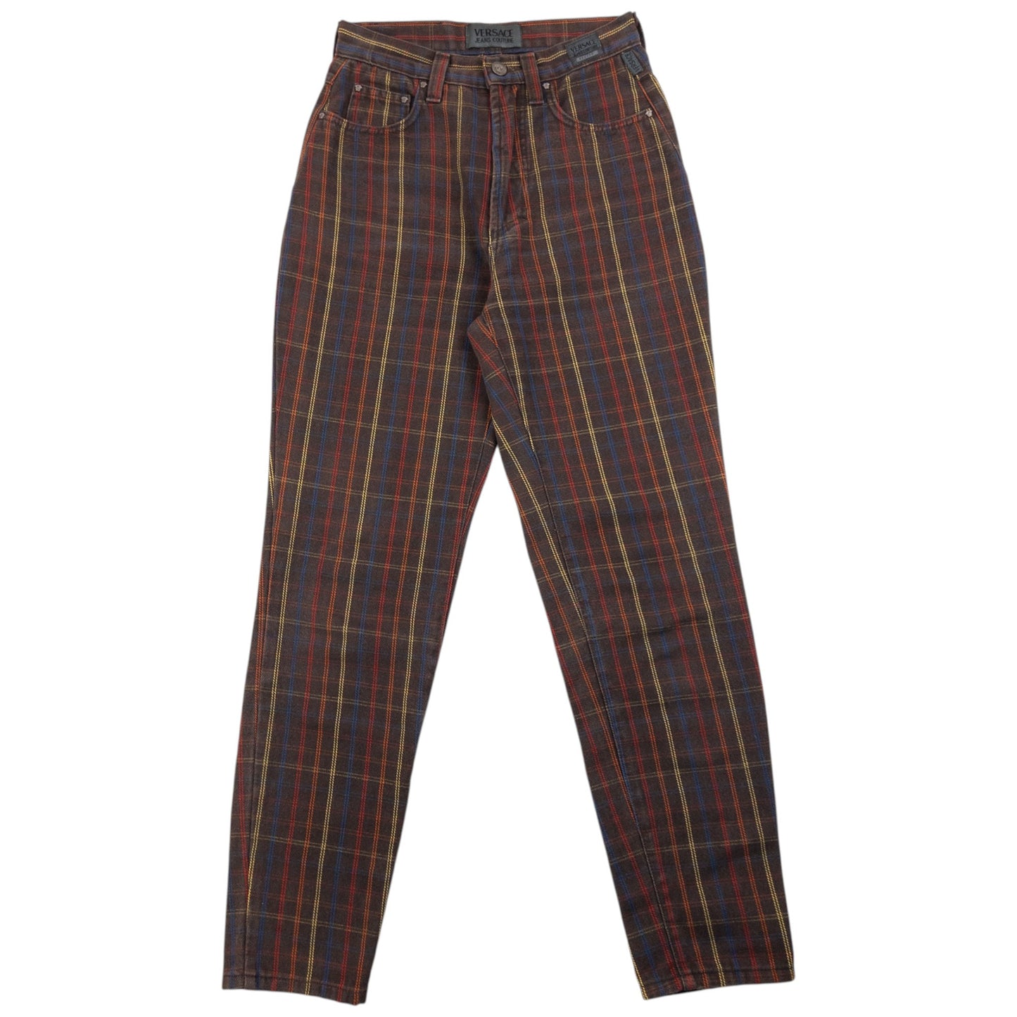 Vintage 90s Versace Jeans Couture Checkered Trousers Size W24 | W24, Brown