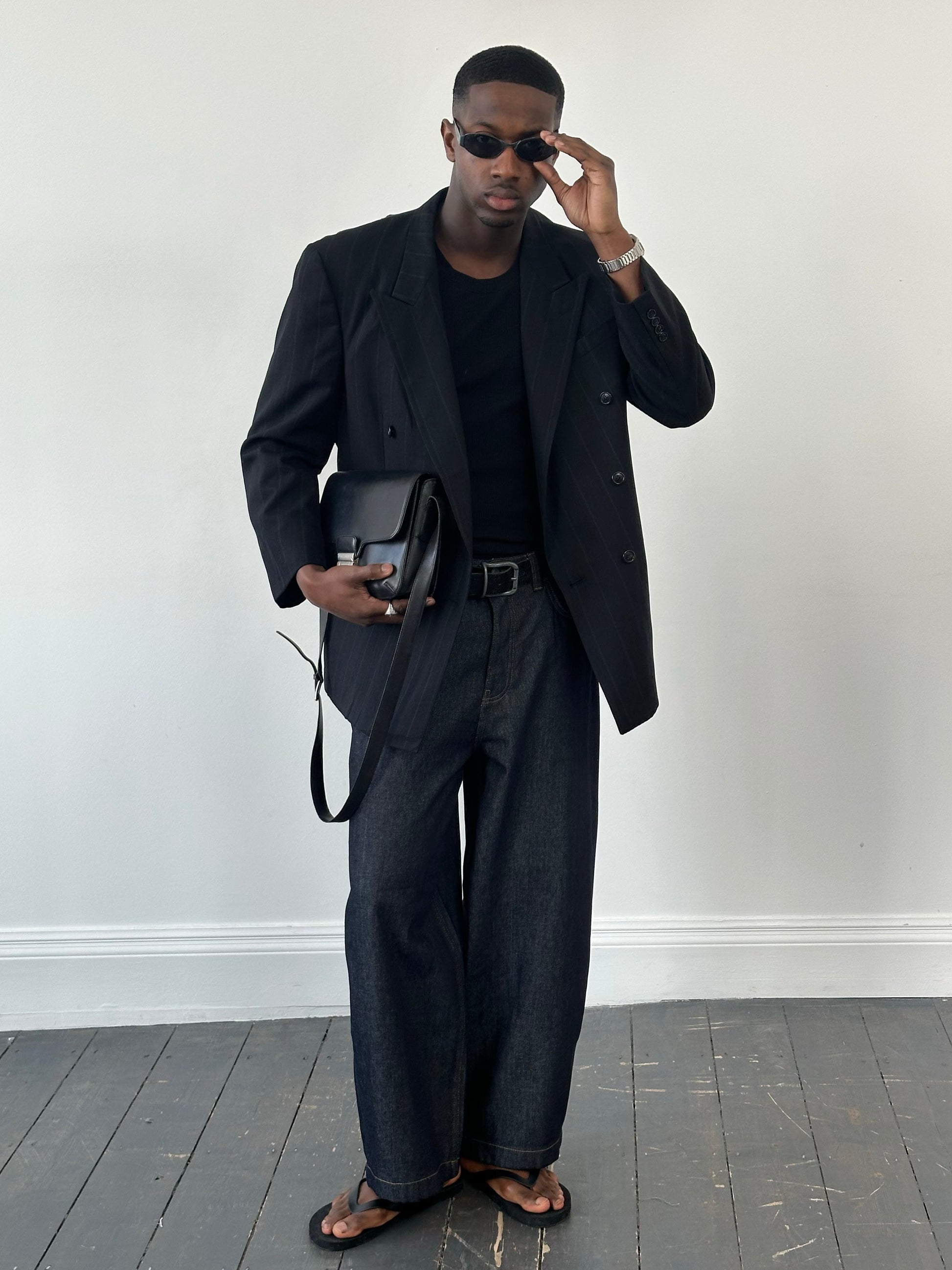 Christian Dior Monsieur 1980s pure wool double-breasted blazer in size 44L/XL, shown in a tailored, classic men's fashion style.