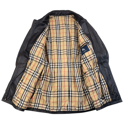 Vintage 2000s Burberry Nova Check Lined Leather Jacket Size L | Large, Black