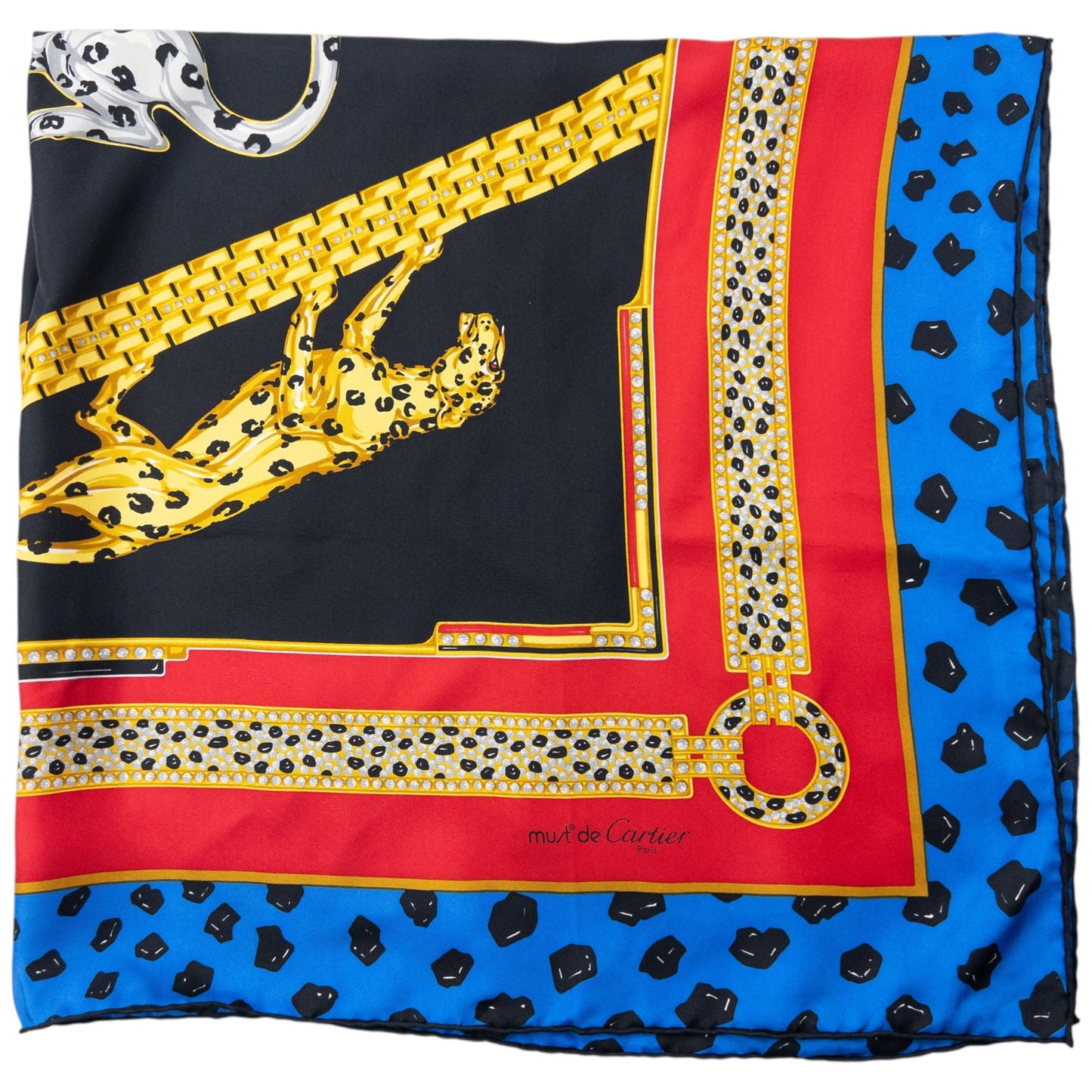 Vintage 90s Cartier Panther Print Silk Scarf | O/S, Black, Blue, Red, Yellow