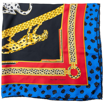 Vintage 90s Cartier Panther Print Silk Scarf | O/S, Black, Blue, Red, Yellow