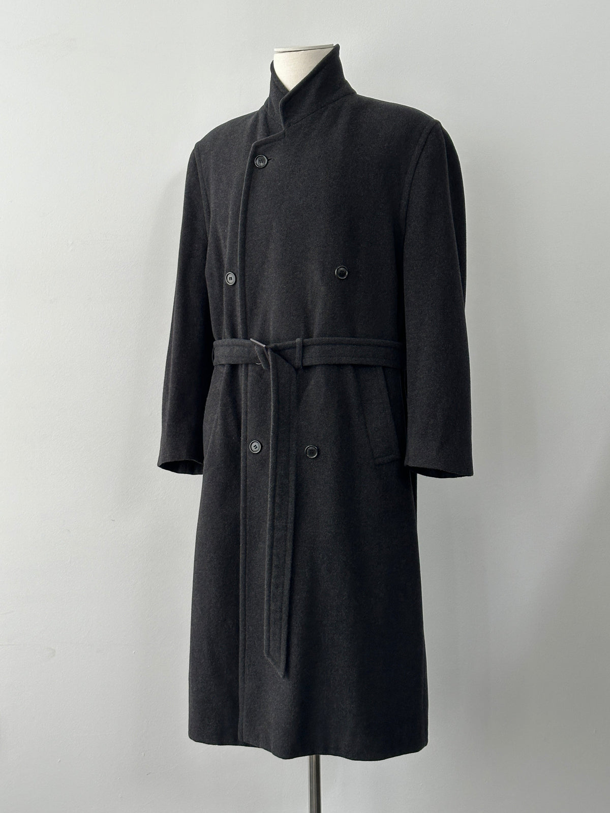 Vintage 1990s wool and cashmere high neck belted coat, size L, featuring classic design and textured fabric.
