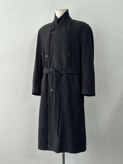 Vintage 1990s wool and cashmere high neck belted coat, size L, featuring classic design and textured fabric.