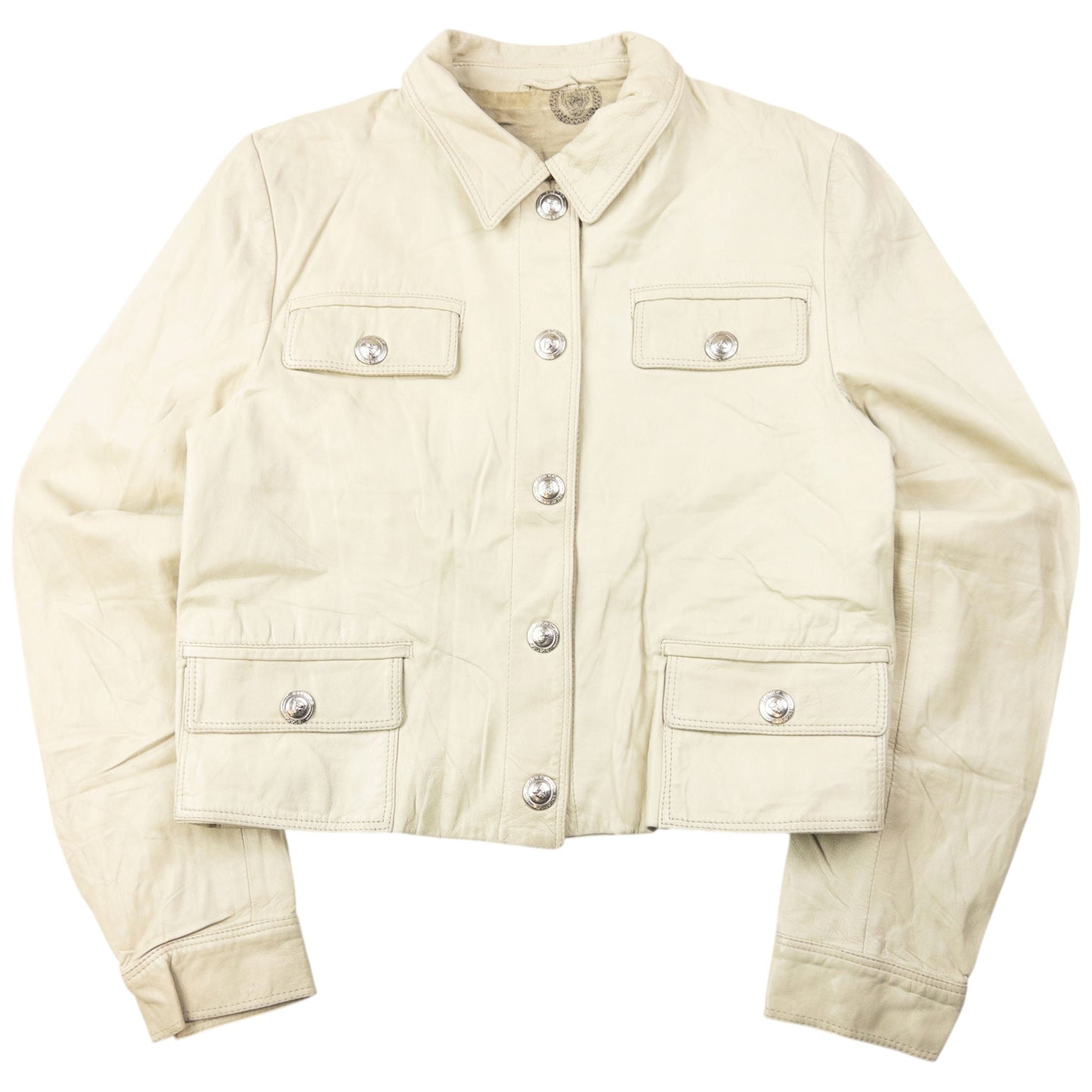 Vintage 90s Versace Istante Cropped Leather Jacket Womens Size S | Small, Cream