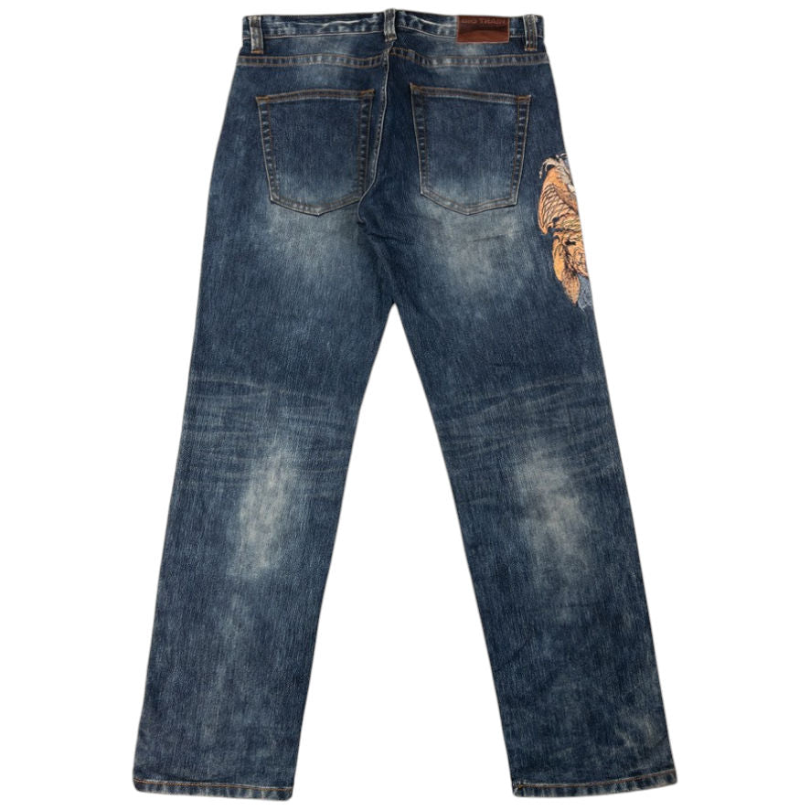 Vintage Big Train Embroidered Koi Fish Japanese Denim Jeans Size W36
