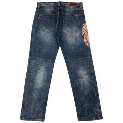 Vintage Big Train Embroidered Koi Fish Japanese Denim Jeans Size W36