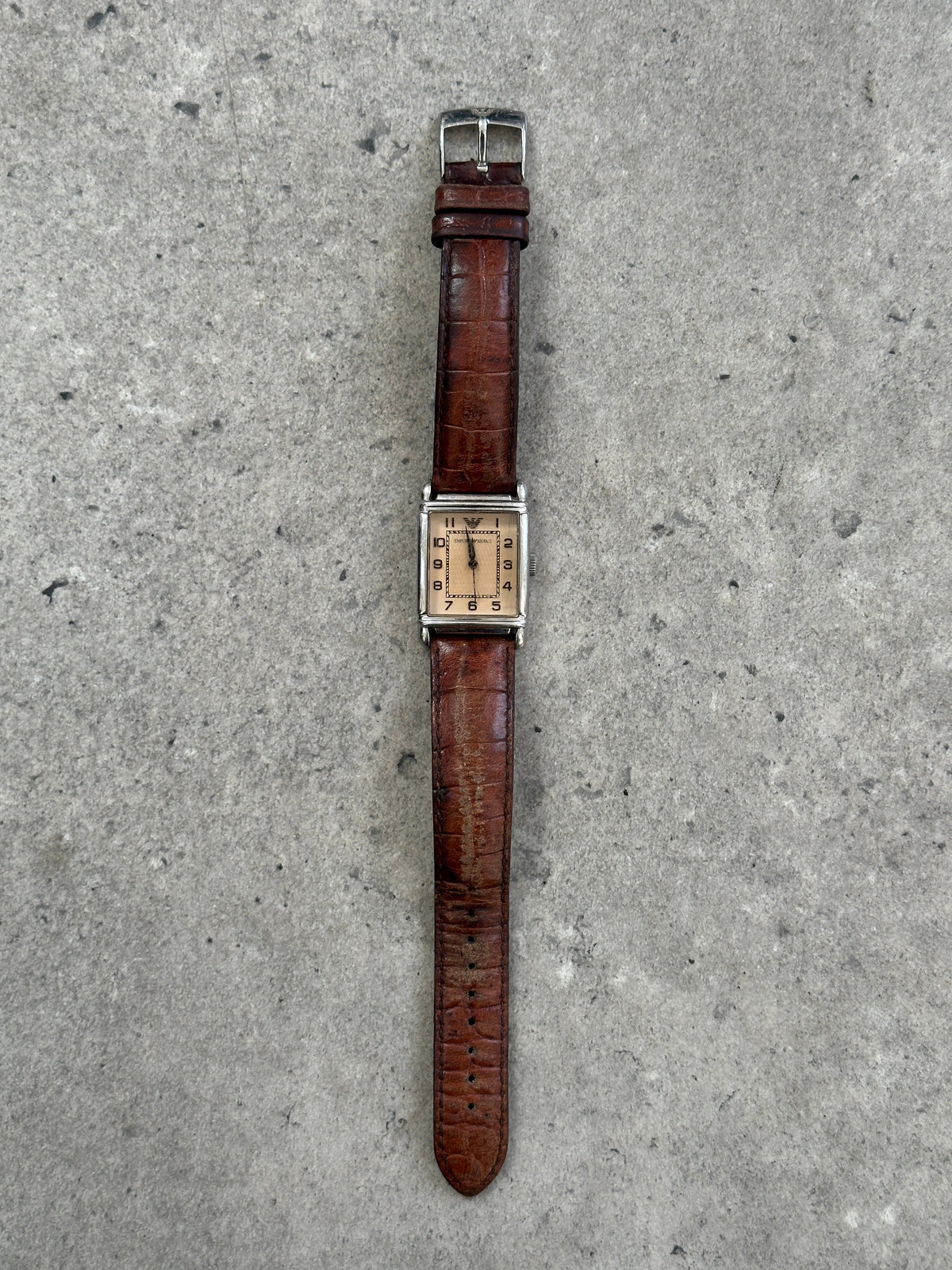 Emporio Armani 2000s leather rectangular quartz watch with black dial and silver case, stylish and elegant accessory.