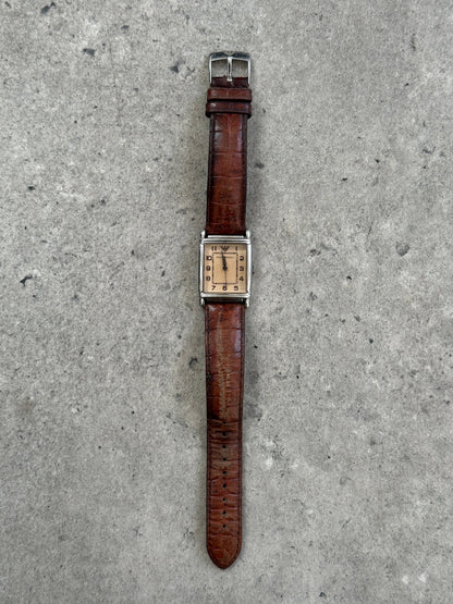 Emporio Armani 2000s leather rectangular quartz watch with black dial and silver case, stylish and elegant accessory.