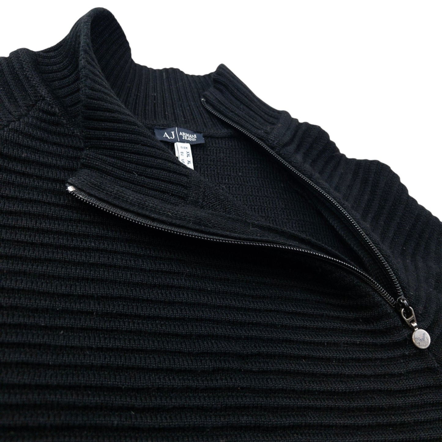 Vintage 2000s Armani Jeans Asymmetric Q Zip Ribbed Knit Jumper Size L | Large, Black