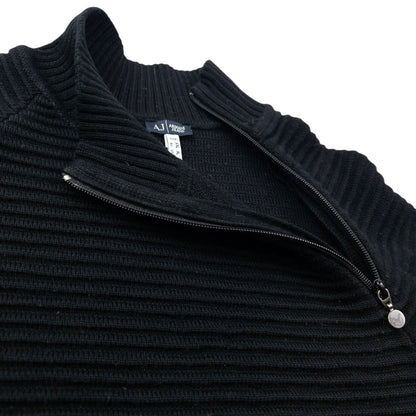 Vintage 2000s Armani Jeans Asymmetric Q Zip Ribbed Knit Jumper Size L | Large, Black