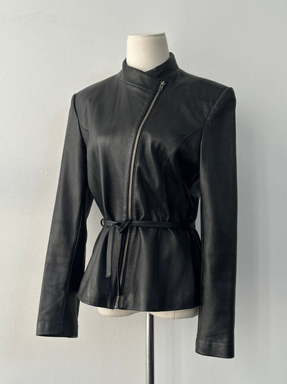 Vintage 1990s asymmetric belted leather jacket, size S, with classic leather texture and vintage style details.