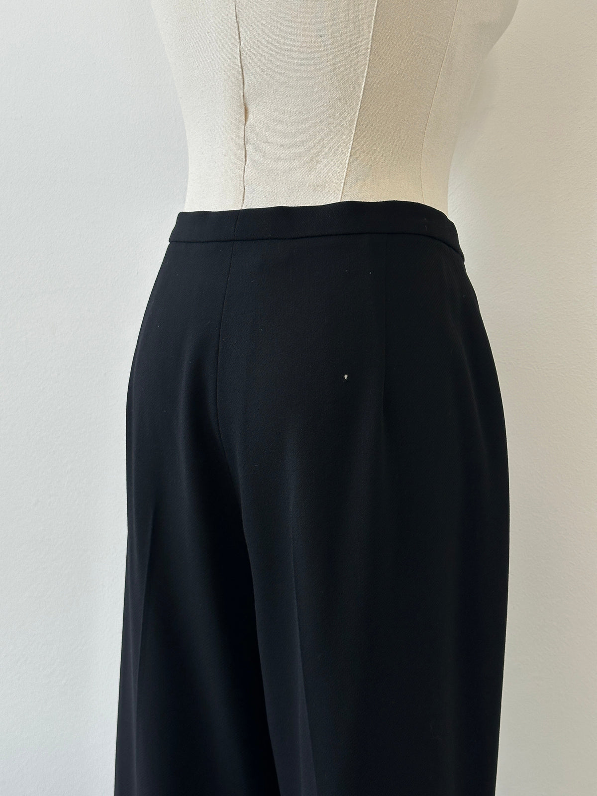 Max Mara 1990s pure wool straight leg trousers in W28, showcasing classic fit and neutral color, photographed on a plain background.