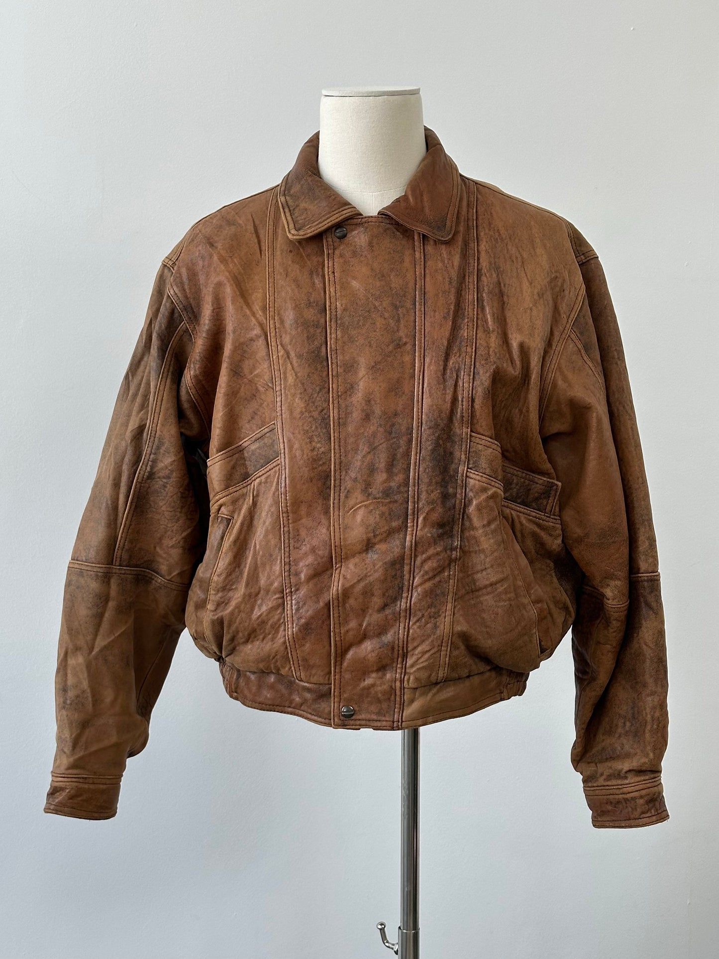 Vintage 1990s Aged Leather Bomber Jacket - XL