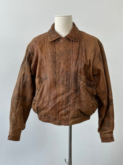 Vintage 1990s Aged Leather Bomber Jacket - XL