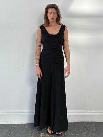 Vintage 1990s Cowl Neck Floor Length Fitted Dress - S-M