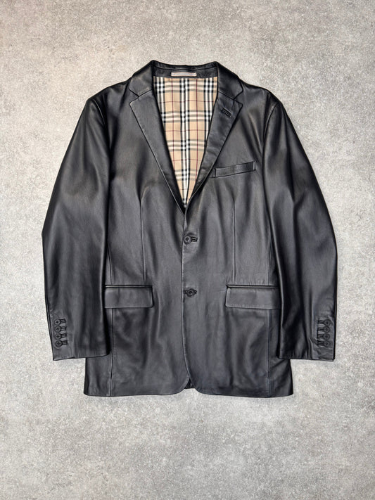 Burberry Black Label Nova Check Lined Black Leather Jacket