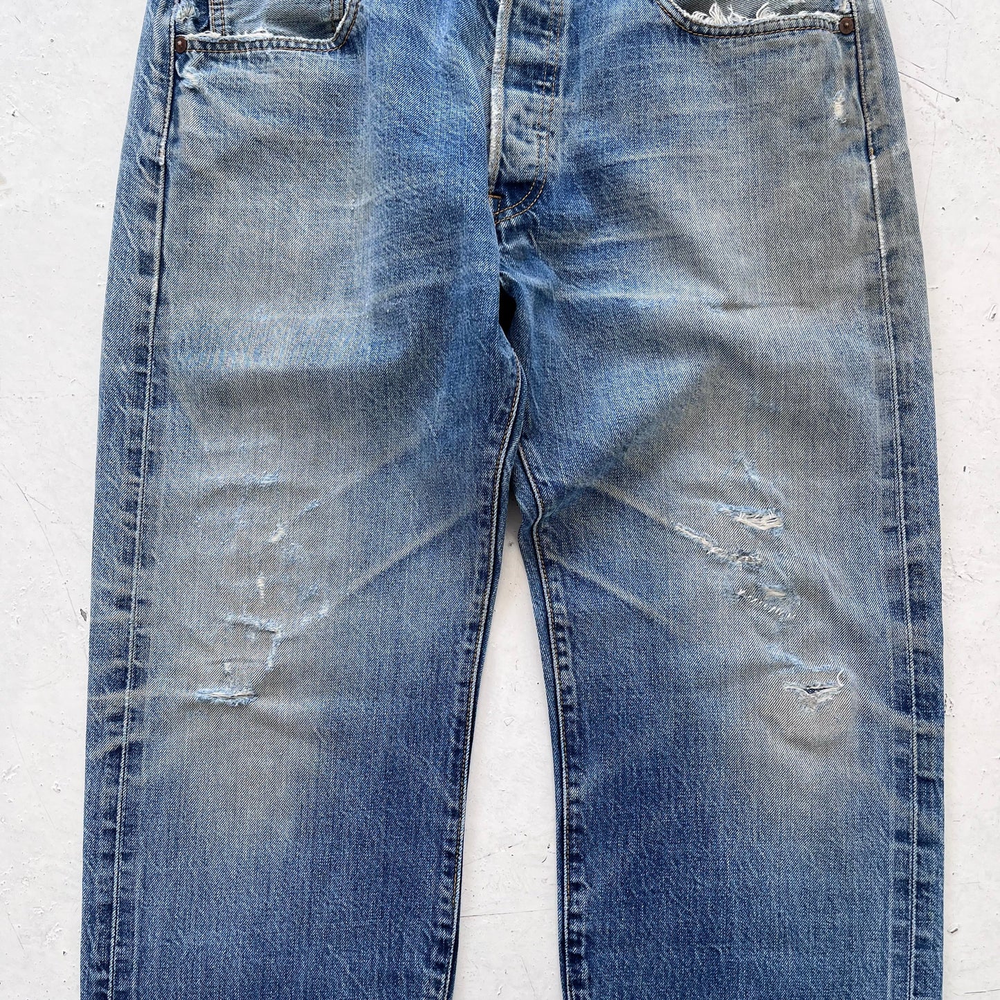 2000s levis 501 limited edition red line selvedge distressed jeans | Blue, Red