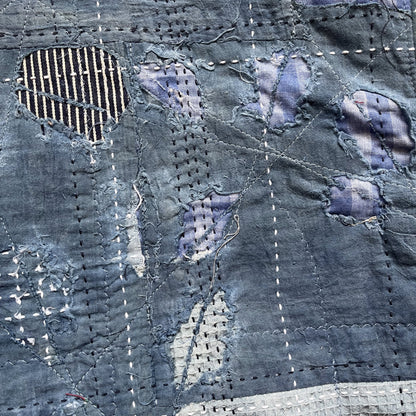 Indigo Collarless Boro Denim Jacket - M