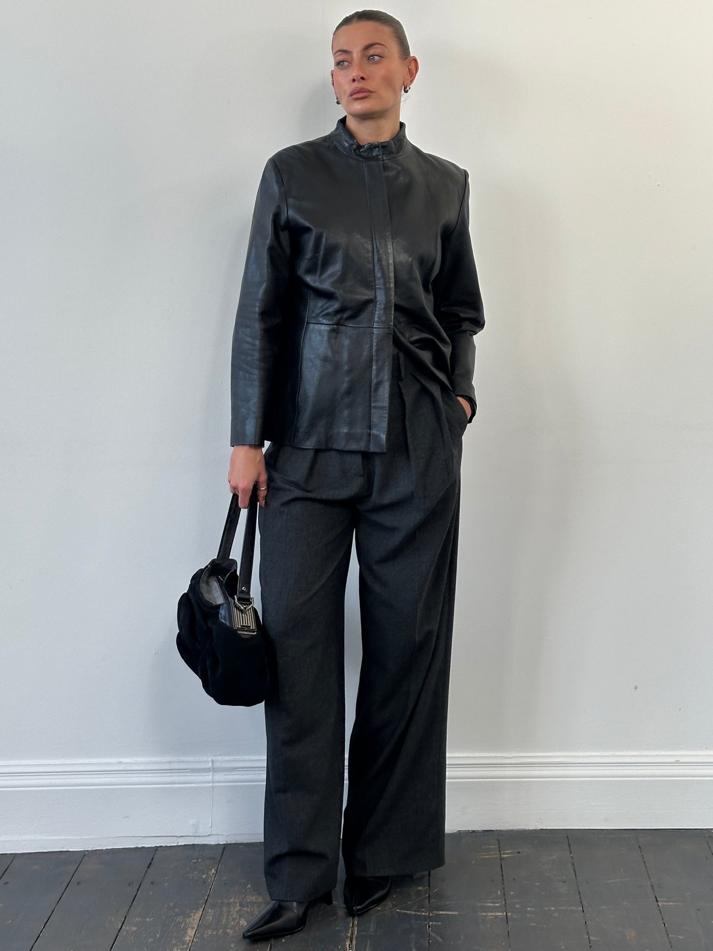 Vintage 1990s Minimal Round Neck Leather Jacket - M