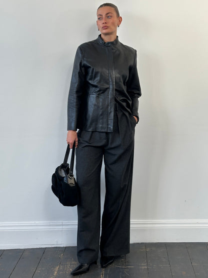 Vintage 1990s Minimal Round Neck Leather Jacket - M