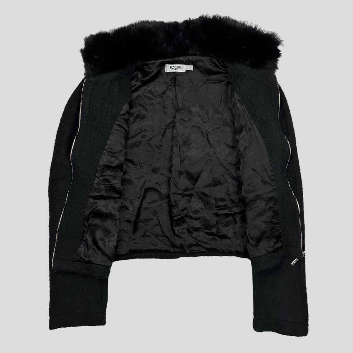Moschino Jeans 00’s Rabbit Fur Collar Cropped Furry Jacket - UK8-12 | Large, Black