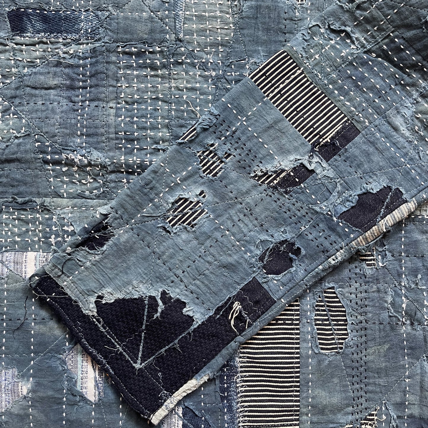 Indigo Collarless Boro Denim Jacket - M