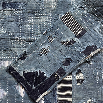 Indigo Collarless Boro Denim Jacket - M