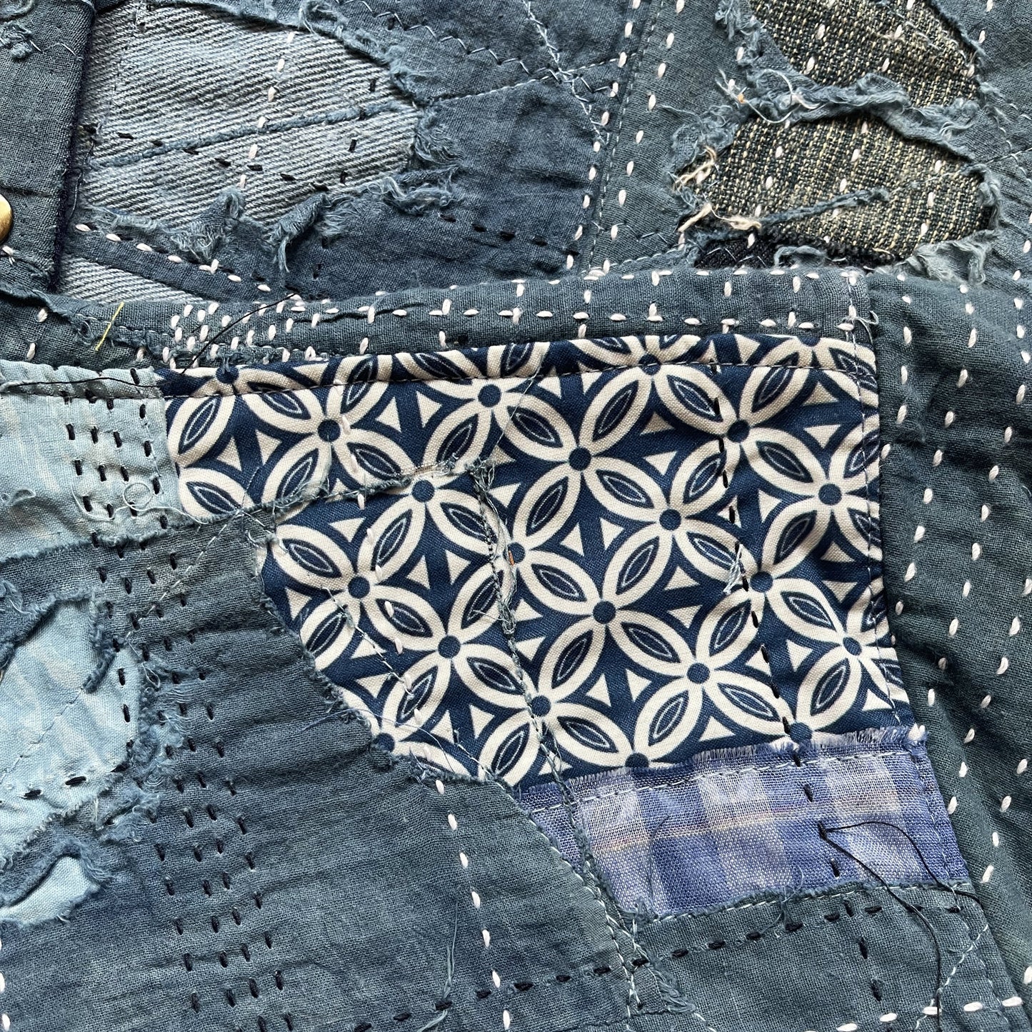 Indigo Collarless Boro Denim Jacket - M