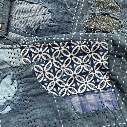 Indigo Collarless Boro Denim Jacket - M